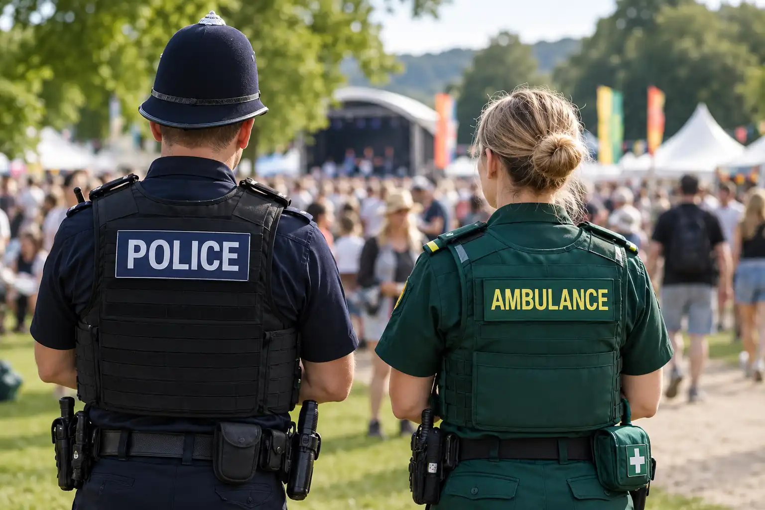 Police and ambulance staff watching over a festival crowd