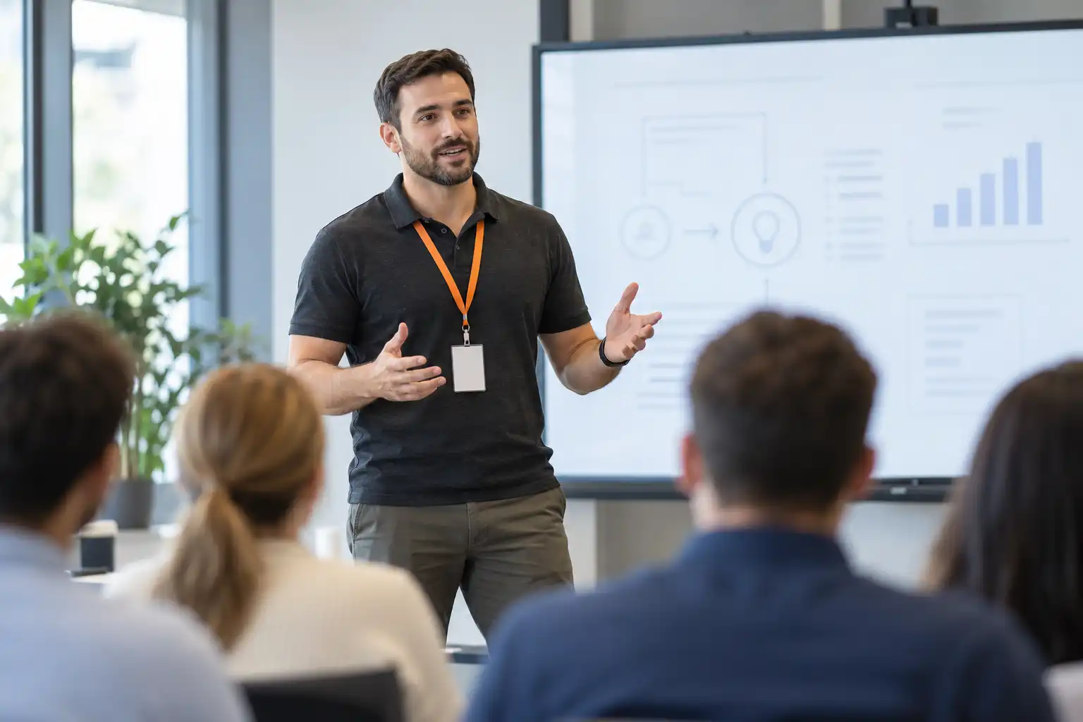 A presenter speaking to an audience in an office